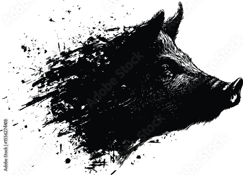 Dramatic vector boar head grunge ink illustration profile