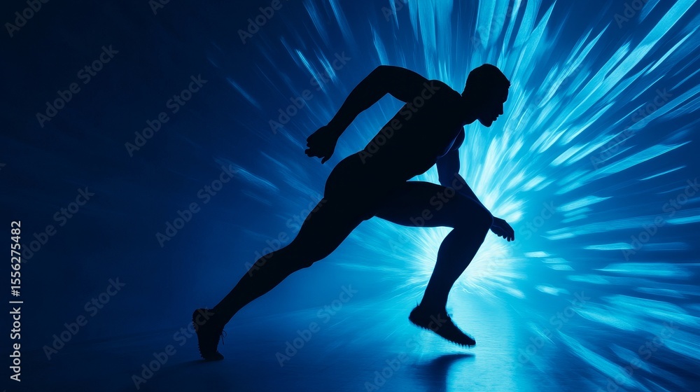 Naklejka premium Sprint athlete silhouetted on a blue track, embodying speed and energy through powerful pose and high-contrast lighting.