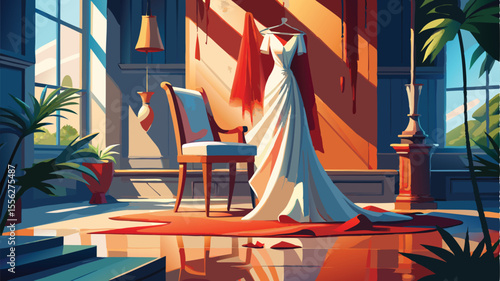 A lady in a traditional red dress poses by a carousel in the park, with a distant circus tent on the beach