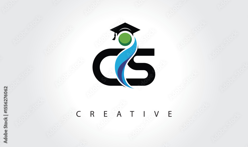 Fototapeta premium CS Creative Letter Logo with Graduation Cap and Abstract Human – Modern Education and Learning Symbol Design
