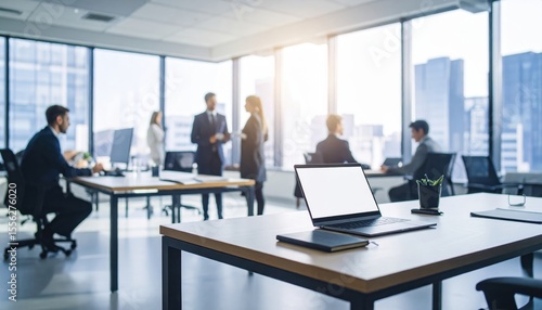 Modern office setting with professionals engaged in discussions and collaboration, cityscape view