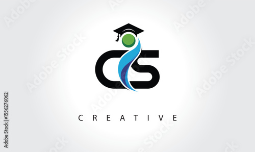 CS Creative Letter Logo with Graduation Cap and Abstract Human – Modern Education and Learning Symbol Design