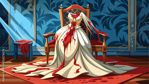 A lady in a traditional red dress poses by a carousel in the park, with a distant circus tent on the beach