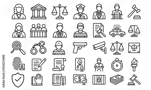 Law and Justice line editable icon set, courtroom symbols, judge, jury, lawyer, defendant, crime investigation, tribunal, trial procedures, judicial system management vector illustration.