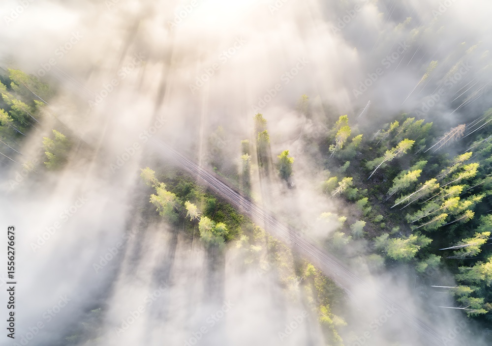 Fototapeta premium Forest shrouded in mist and sunlight