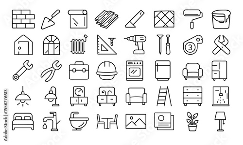 Construction Renovation Line Editable Icon Set, home improvement repair tools, plumbing and electrical fittings, building materials, furniture and decor, garden tools, vector illustration.