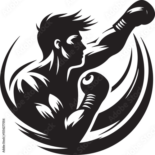  Stylized silhouette of a boxer delivering a powerful punch, encircled by dynamic lines, symbolizing energy, strength, and focus.