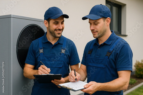 Two technicians discussing maintenance details near a modern HVAC system at a residential property in daytime