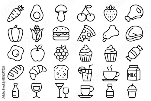 Food and Drink Line Editable Icons Set, vector illustration of vegetables, fruits, desserts, meat, drinks, fast food, seafood, breakfast, organic meal, healthy eating, thin outline style.