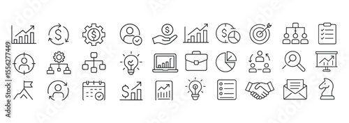 Business Value Line Editable Icons set, financial graphs, documents, processes, transparency, flexibility, investor feedback, partnership, profit, vector illustration, corporate strategy, economics.
