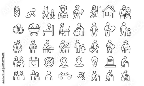 Life Journey Line Editable Icons Set, vector illustration in modern thin line style, life stages, embryo, childhood, school, friendship, love, marriage, parenting, elderly, grief, funeral, lifestyle.