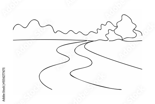 Black one line drawing of a winding road and landscape