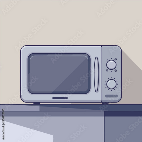 "Create a flat-style vector illustration of a countertop microwave oven in a cartoon style. Use white or gray tones with a clear glass door and simple buttons."

