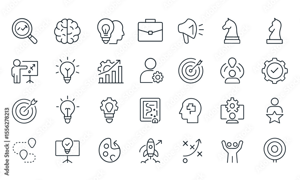 Strategy Line Editable Icons Set, vector illustration of business planning, goal setting, brainstorming, teamwork, success, growth, solution, icon design, leadership, marketing, concept, outline style