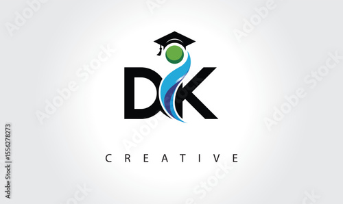 DK Creative Letter Logo with Graduation Cap and Abstract Human – Modern Education and Learning Symbol Design