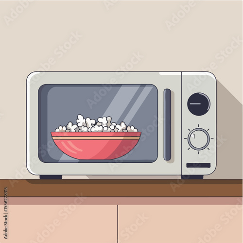 "Create a flat-style vector illustration of a countertop microwave oven in a cartoon style. Use white or gray tones with a clear glass door and simple buttons."

