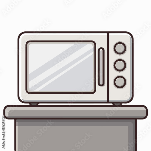 "Create a flat-style vector illustration of a countertop microwave oven in a cartoon style. Use white or gray tones with a clear glass door and simple buttons."


