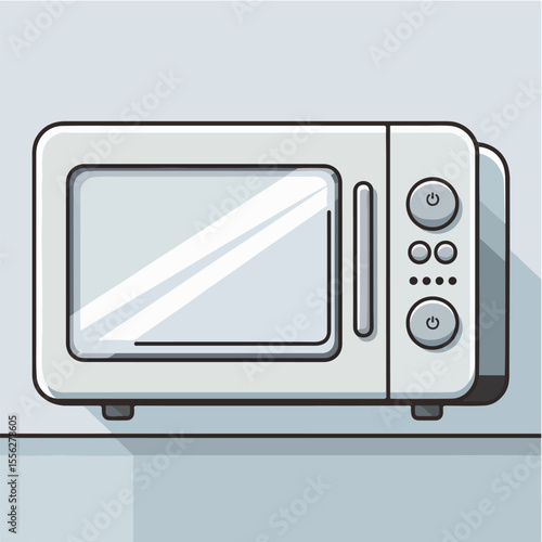 "Create a flat-style vector illustration of a countertop microwave oven in a cartoon style. Use white or gray tones with a clear glass door and simple buttons."

