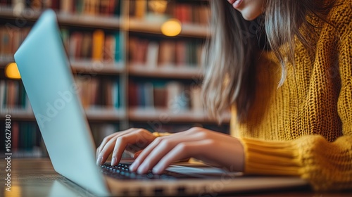 Close-up of a high school student's hands as she interacts with an online learning platform on her laptop in a university library