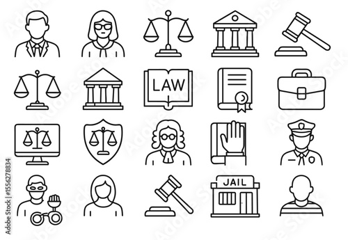 Court Editable Icons set, law, lawyer, judge, justice, legal, tribunal, gavel, protection, evidence, contract, prosecution, defense, courtroom, lawsuit, human rights, judgment, scales, symbols, vector