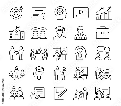 Editable line icon set of refresher training and education in modern thin style. Includes online courses, workshops, lectures, learning, study, development, e-learning pictograms, infographics