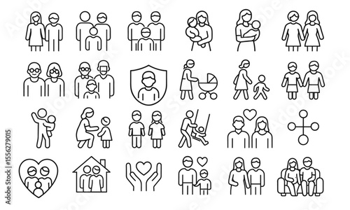 Family Line Editable Icons Set, vector illustration in thin line style showing parenting, grandparents, adoption, baby, couple, senior, partner, structure, diversity, concept, happy, care, png.