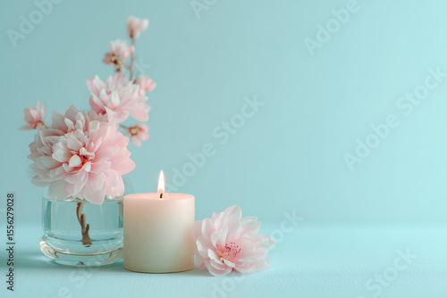Wallpaper Mural Cream Candle and soft pink tiny Flower in a vase Arrangement with Soft Lighting Torontodigital.ca