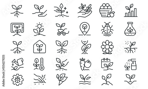 Agriculture Line Editable Icons Set. Vector illustration of farming, seedling, harvest, pest, compost, greenhouse, watering, plant care, gmo, gardening, smart farming, sprouting, bug, drone.