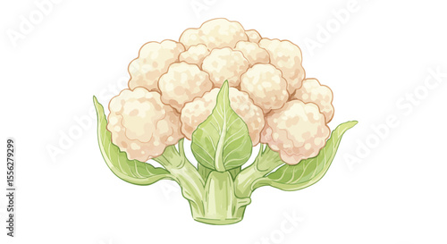 Watercolor Vector Illustration Of A Fresh Cauliflower With Green Leaves Shows A Detailed And Vibrant Portrayal Of The Nutritious Vegetable On White