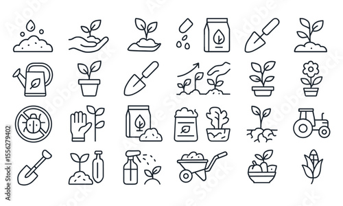 Gardening Line Editable Icons Set, vector illustration in thin line style showing horticulture, plant care, soil quality, compost, greenhouse, cultivation stages, organic farming, watering, png.