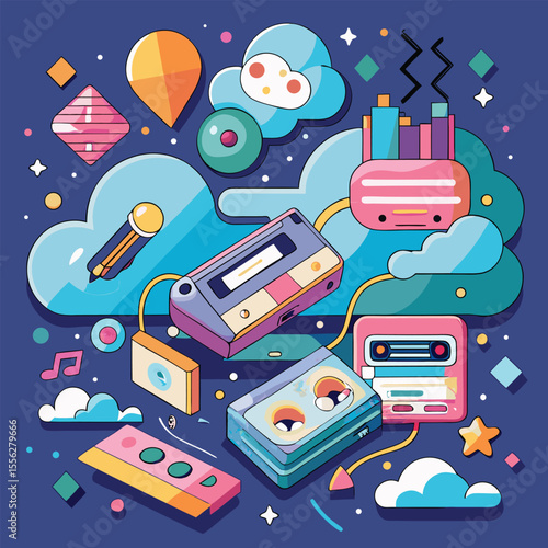 A dreamy fusion of cassette tapes, floppy disks, and tube TVs transforming into clouds, constellations, and dream bubbles..eps
