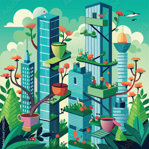 Skyscrapers turned into vertical gardens with walkways between treetops, birds carrying coffee cups in beaks, and vines curling around neon signs..eps