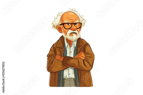 Illustration of grumpy old man with arms crossed and wearing brown jacket, isolated on white or transparent background