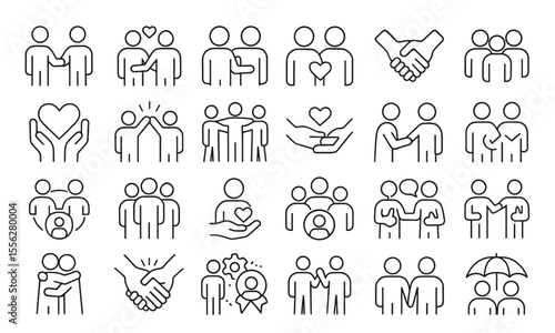 Friendship line editable icons set, vector illustration in modern thin line style of people relationships, support, trust, teamwork, cooperation, partnership, happiness, diversity