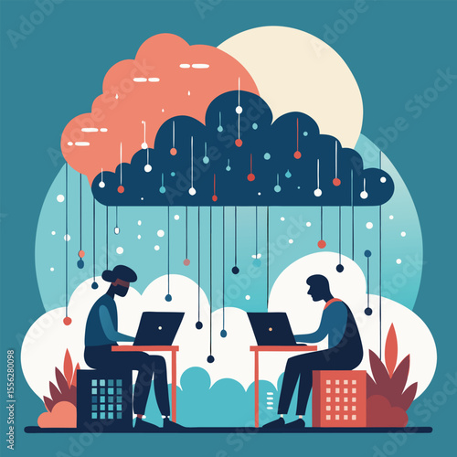 Silhouettes of programmers typing atop fluffy clouds, code raining down like binary snowflakes in a soft sunset gradient.eps