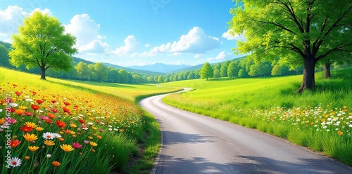 Serene Spring Country Road Vibrant Wildflowers and Lush Greenery under a Clear Blue Sky ? Perfect for Travel and Nature Photography