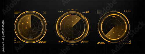 Set of three radar-like screens with yellow hud elements. Digital interface for scanning and monitoring in futuristic technology concept.