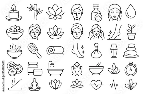 Wellness and Spa Line Editable Icon Set, healthy lifestyle, face and body care, recreation, meditation, massage, aromatherapy, sauna, relaxation, beauty, vector illustration, health, yoga, spa.