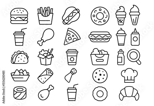 Fast Food Editable Icons Set, Vector Illustration in Thin Line Style, Restaurant Menu, Burger, French Fries, Dessert, Bakery, Lunch, Breakfast, Snack, Eatery, Food Symbol, Pictogram.