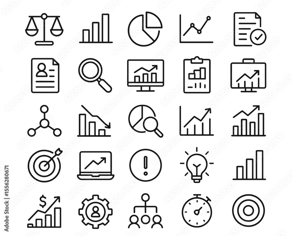 Fototapeta premium Analysis Line Editable Icons set, balance, charts, report, analytics, infographic, bar, pie, growth, accounting, finance, business, diagram, presentation, process, management