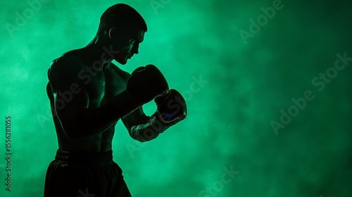 The male athlete in dramatic boxing pose, against striking green background, captures the energy of physical activity through high contrast and glowing gloves.