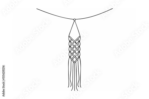 Black and white one line drawing of a macrame plant hanger on white background
