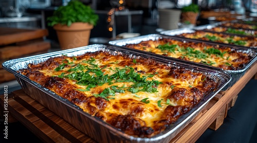 Baked lasagna in aluminum trays