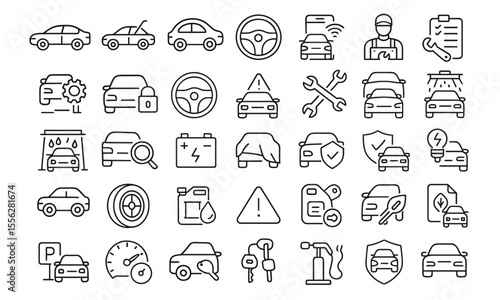 Car Line Editable Icons Set, vehicle service pictograms for mobile apps, car repair, wash, tech review, automotive maintenance, garage infographics, speedometer dashboard, cutout icons