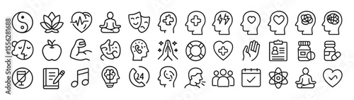 Mental health line editable icon set, vector illustration medical icons for healthy lifestyle, mental balance, emotional wellness, psychology therapy, support pictograms, infographics.