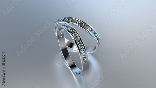 3d Render animation illustration sparkling ring with diamonds , precious gems illustration on white background, reflecting brilliance, elegant setting