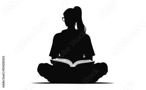 Silhouette of Girl Reading Book While Sitting on Floor Vector