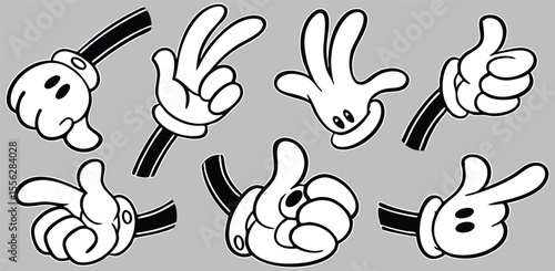 Cartoon Hands in Various Poses with Gloves on Gray Background Handdrawn vector