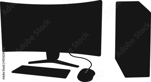 Modern Desktop Computer System Silhouette: Vector Illustration of PC Tower, Curved Monitor, Keyboard & Mouse - Ideal for Technology & Office Concepts.