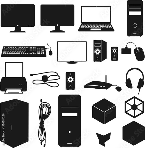 Computer Hardware and Gaming Peripherals Vector Set: Collection of Desktop PCs, Laptops, 3D Printer, Headphones, Mice & Network Devices - Technology Illustration.
